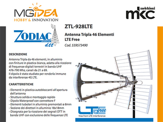 ANTENNA TRIPLA 46 ELEMENTI 4G LTE FREE ALLUMINIO RICEZIONE FREQUENZE DIGITALE TERRESTRE BANDA