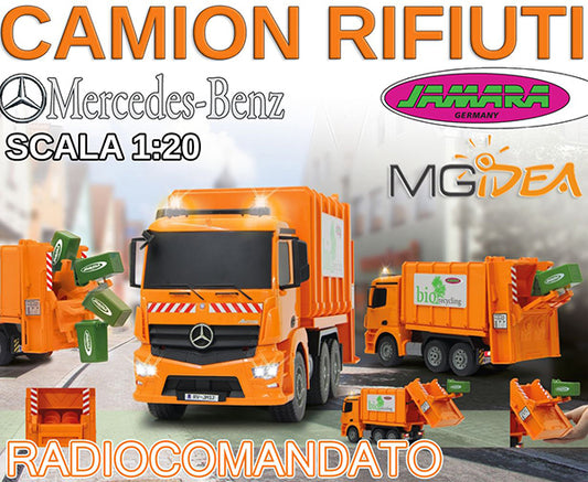 CAMION SPAZZATURA MERCEDES ANTOS RADICOMANDATO 1:20 LUCI SUONI 2,4 GHZ JAMARA RC