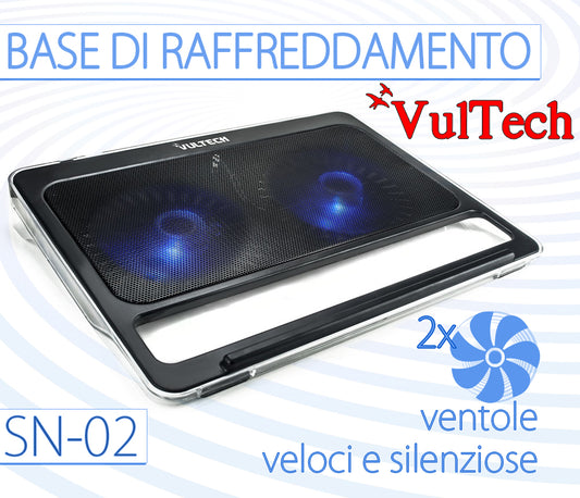 BASE RAFFREDDAMENTO PC PORTATILE VULTEC SN-02 2 VENTOLE VELOCI SILENZIOSE + LED