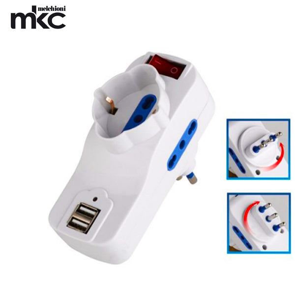 ADATTATORE DI RETE MULTIPRESA SHUKO 16A MKC INTERRUTTORE 2 PRESE USB RICARICA SMARTPHONE TABLET